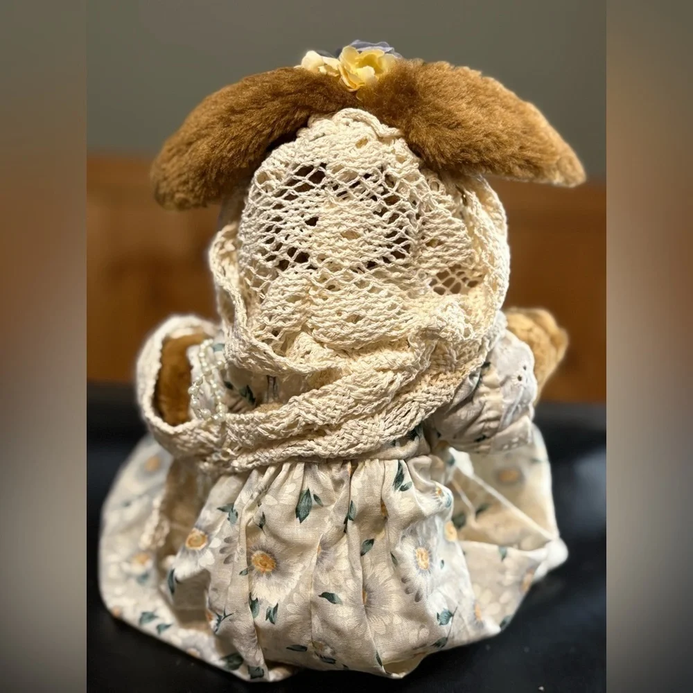 “Granny Bunny” Shelf-sitter Plush Bunny w/ Floral Dress Faux Pearls & Glasses